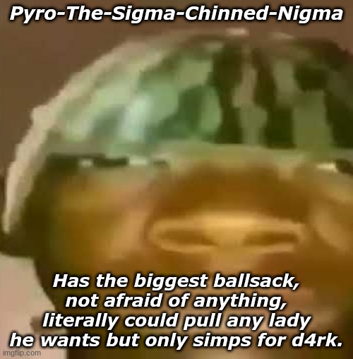Crap Post 4: Pyro-The-Sigma-Chinned-Nigma | Pyro-The-Sigma-Chinned-Nigma; Has the biggest ballsack, not afraid of anything, literally could pull any lady he wants but only simps for d4rk. | image tagged in shitpost | made w/ Imgflip meme maker