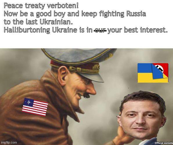 Ukraine- best money laundering op in the world | Peace treaty verboten! 
Now be a good boy and keep fighting Russia to the last Ukrainian.
Halliburtoning Ukraine is in our your best interest. | image tagged in memes,politics | made w/ Imgflip meme maker