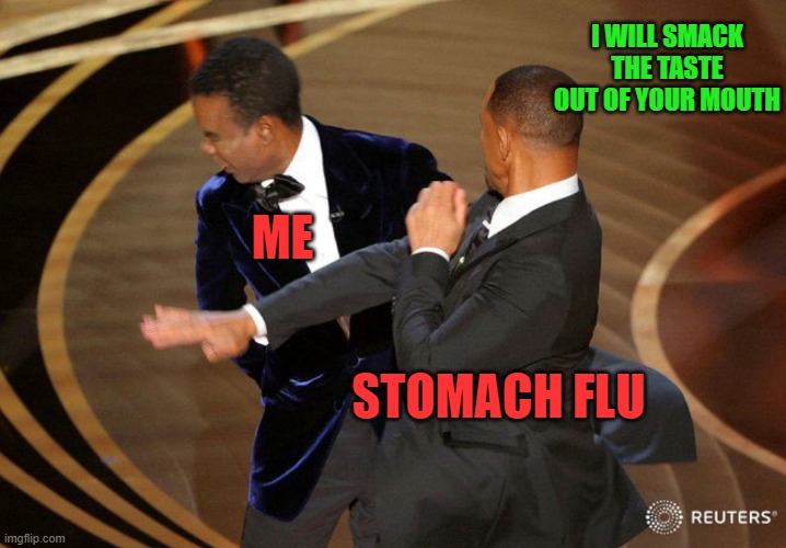 Me Against the Stomach Flu | I WILL SMACK THE TASTE OUT OF YOUR MOUTH; ME; STOMACH FLU | image tagged in will smack,stomach flu,smacked up,smackdown | made w/ Imgflip meme maker