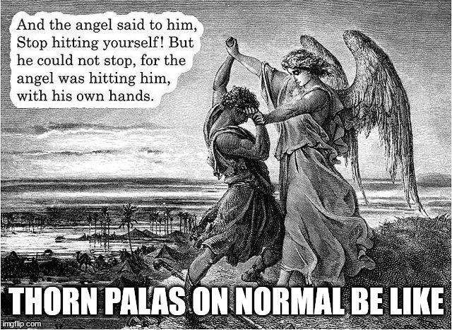 Stop hitting yourself angel | THORN PALAS ON NORMAL BE LIKE | image tagged in struggle man angel | made w/ Imgflip meme maker