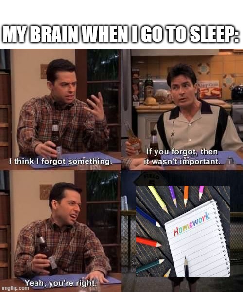 Me going to sleep on a weekday | MY BRAIN WHEN I GO TO SLEEP: | image tagged in i think i forgot something,memes,school | made w/ Imgflip meme maker
