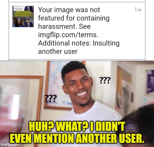 HUH? WHAT? I DIDN'T EVEN MENTION ANOTHER USER. | image tagged in black guy confused | made w/ Imgflip meme maker