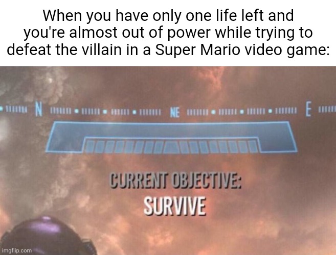 Super Mario video game | When you have only one life left and you're almost out of power while trying to defeat the villain in a Super Mario video game: | image tagged in current objective survive,super mario,video game,gaming,memes,villain | made w/ Imgflip meme maker