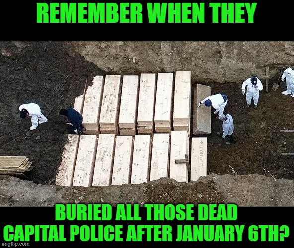 Lord forgive me please! I'm not anticop, I'm antipropoganda, antigaslight, and antibullshit! | REMEMBER WHEN THEY; BURIED ALL THOSE DEAD CAPITAL POLICE AFTER JANUARY 6TH? | image tagged in mass burial,january 6th bullshit | made w/ Imgflip meme maker