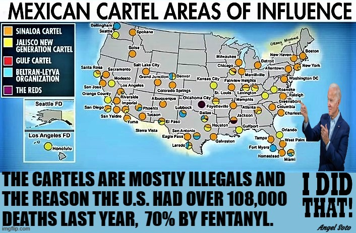 mexican drug cartels in america under biden administration | THE CARTELS ARE MOSTLY ILLEGALS AND
THE REASON THE U.S. HAD OVER 108,000
DEATHS LAST YEAR,  70% BY FENTANYL. Angel Soto | image tagged in joe biden,i did that,mexico,war on drugs,fentanyl,usa | made w/ Imgflip meme maker