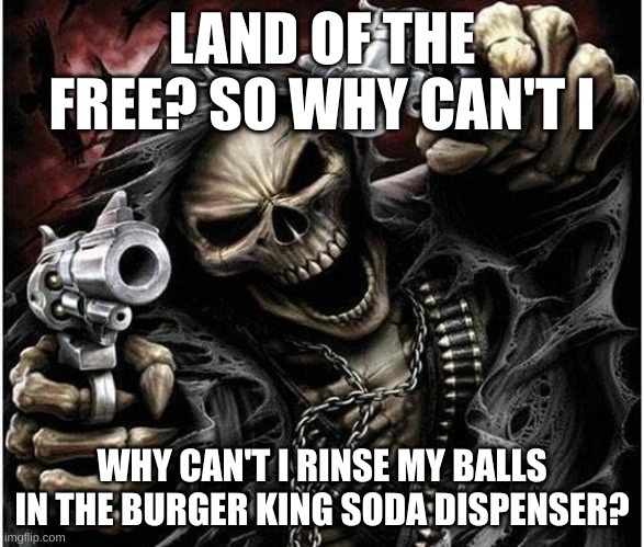 Badass Skeleton | LAND OF THE FREE? SO WHY CAN'T I; WHY CAN'T I RINSE MY BALLS IN THE BURGER KING SODA DISPENSER? | image tagged in badass skeleton | made w/ Imgflip meme maker