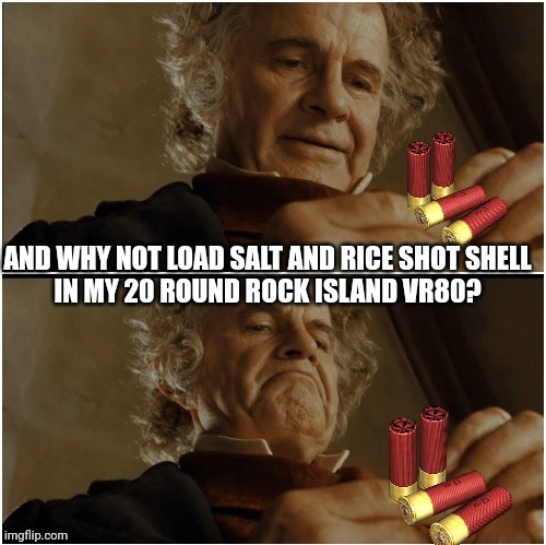 Bilbo - Why shouldn’t I keep it? | AND WHY NOT LOAD SALT AND RICE SHOT SHELL
IN MY 20 ROUND ROCK ISLAND VR80? | image tagged in bilbo - why shouldn t i keep it | made w/ Imgflip meme maker