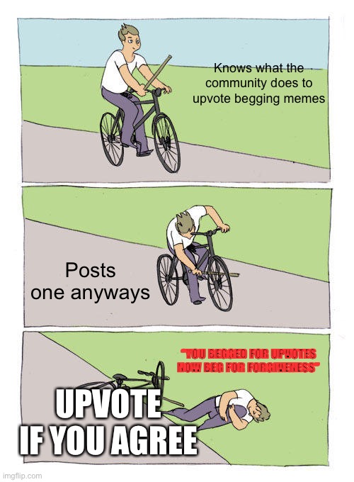 Totally not upvote begging | Knows what the community does to upvote begging memes; Posts one anyways; “YOU BEGGED FOR UPVOTES NOW BEG FOR FORGIVENESS”; UPVOTE IF YOU AGREE | image tagged in memes,bike fall | made w/ Imgflip meme maker