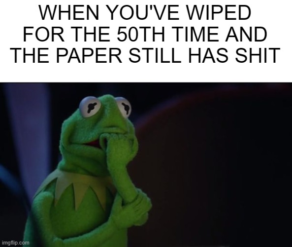 Kermit worried face | WHEN YOU'VE WIPED FOR THE 50TH TIME AND THE PAPER STILL HAS SHIT | image tagged in kermit worried face,relatable,funny,kermit the frog | made w/ Imgflip meme maker