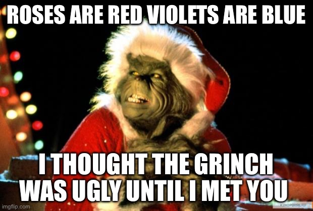 The Grinch | ROSES ARE RED VIOLETS ARE BLUE; I THOUGHT THE GRINCH WAS UGLY UNTIL I MET YOU | image tagged in the grinch | made w/ Imgflip meme maker