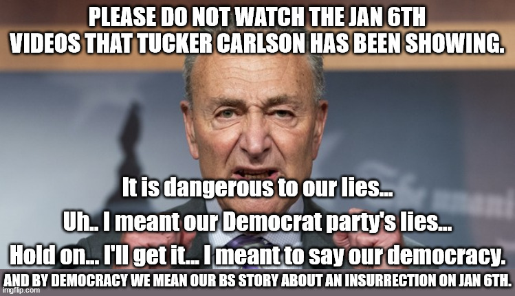 Panic and fear is rippling through our government over this.  This is a good thing.  We need much more of this. | PLEASE DO NOT WATCH THE JAN 6TH VIDEOS THAT TUCKER CARLSON HAS BEEN SHOWING. It is dangerous to our lies... Uh.. I meant our Democrat party's lies... Hold on... I'll get it... I meant to say our democracy. AND BY DEMOCRACY WE MEAN OUR BS STORY ABOUT AN INSURRECTION ON JAN 6TH. | image tagged in when people fear the government there is tyranny,when the government fears the people there is freedom | made w/ Imgflip meme maker