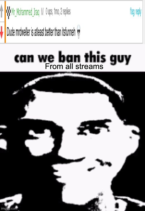 Can we ban this guy | From all streams | image tagged in can we ban this guy | made w/ Imgflip meme maker