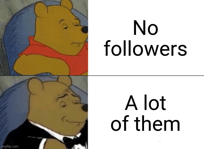 Follow me | No followers; A lot of them | image tagged in memes,tuxedo winnie the pooh | made w/ Imgflip meme maker