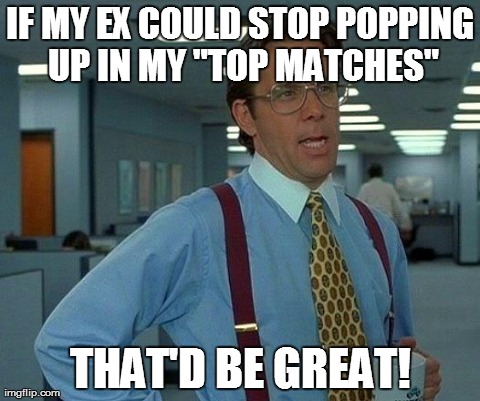 That Would Be Great | IF MY EX COULD STOP POPPING UP IN MY "TOP MATCHES" THAT'D BE GREAT! | image tagged in memes,that would be great | made w/ Imgflip meme maker