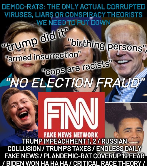 F.ar B.eyond I.llegal | DEMOC-RATS: THE ONLY ACTUAL CORRUPTED
VIRUSES, LIARS OR CONSPIRACY THEORISTS
WE NEED TO PUT DOWN; "birthing persons"/; "trump did it"; "armed insurrection"; "cops are racists"; "NO ELECTION FRAUD"; TRUMP IMPEACHMENT 1, 2 / RUSSIAN COLLUSION / TRUMP'S TAXES / ENDLESS DAILY FAKE NEWS / PLANDEMIC-RAT COVERUP 19 FEAR / BIDEN WON HA HA HA / CRITICAL RACE THEORY / | image tagged in plandemicrats,hillary clinton lying democrat liberal,biden lost,trump won 2020,maggots,coverup 19 | made w/ Imgflip meme maker