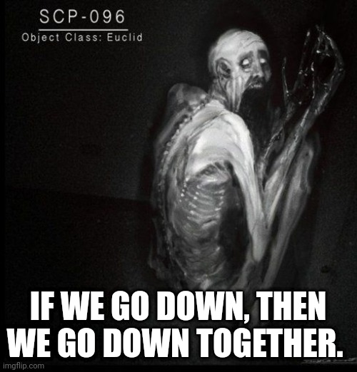 SCP-096 | IF WE GO DOWN, THEN WE GO DOWN TOGETHER. | image tagged in scp-096 | made w/ Imgflip meme maker