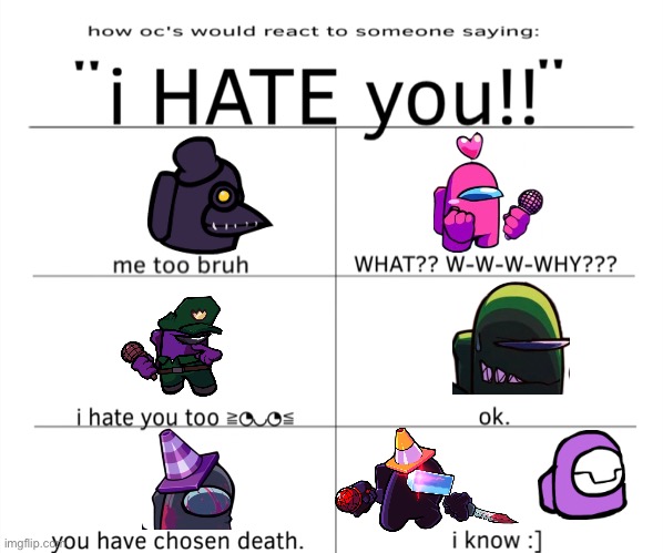 Please note that these are not oc’s and none of them are by me, all credit goes to impostor v4 | image tagged in i hate you | made w/ Imgflip meme maker