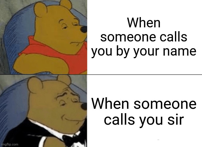 Tuxedo Winnie The Pooh Meme | When someone calls you by your name; When someone calls you sir | image tagged in memes,tuxedo winnie the pooh | made w/ Imgflip meme maker