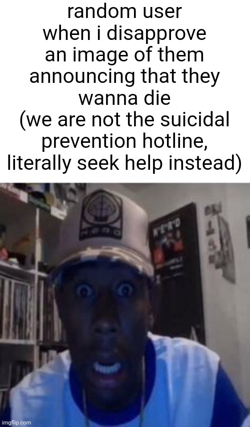 shock | random user when i disapprove an image of them announcing that they wanna die
(we are not the suicidal prevention hotline, literally seek help instead) | image tagged in shock | made w/ Imgflip meme maker