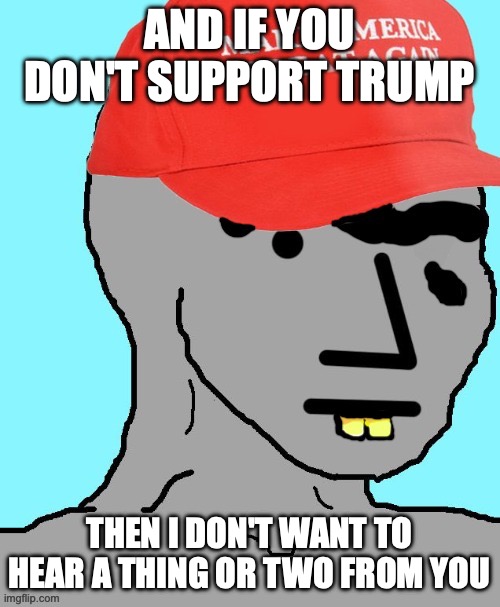 MAGA NPC | AND IF YOU DON'T SUPPORT TRUMP THEN I DON'T WANT TO HEAR A THING OR TWO FROM YOU | image tagged in maga npc | made w/ Imgflip meme maker