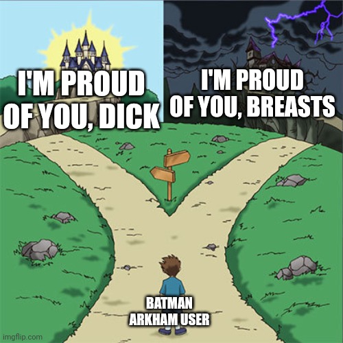 Two Paths | I'M PROUD OF YOU, DICK; I'M PROUD OF YOU, BREASTS; BATMAN ARKHAM USER | image tagged in two paths | made w/ Imgflip meme maker