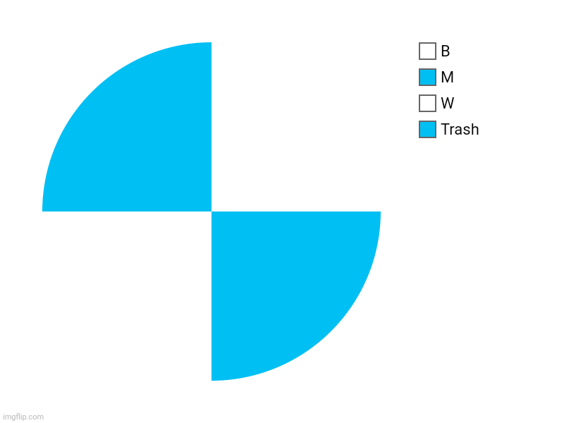 Bmw in imgflip | Trash, W, M, B | image tagged in charts,pie charts,funny,memes | made w/ Imgflip chart maker