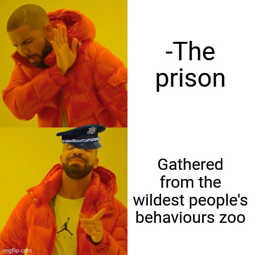 -Looking with cooking. | -The prison; Gathered from the wildest people's behaviours zoo | image tagged in memes,drake hotline bling,prison bars,weird wildlife,criminal minds,police chasing guy | made w/ Imgflip meme maker