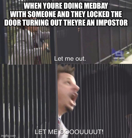 LET ME OUT | WHEN YOURE DOING MEDBAY WITH SOMEONE AND THEY LOCKED THE DOOR TURNING OUT THEYRE AN IMPOSTOR | image tagged in let me out | made w/ Imgflip meme maker
