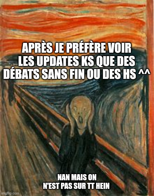 Munch Scream | APRÈS JE PRÉFÈRE VOIR LES UPDATES KS QUE DES DÉBATS SANS FIN OU DES HS ^^; NAN MAIS ON N'EST PAS SUR TT HEIN | image tagged in munch scream | made w/ Imgflip meme maker