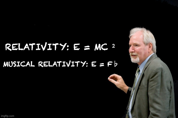 Relativity | RELATIVITY: E = MC ²; MUSICAL RELATIVITY: E = F♭ | image tagged in blackboard | made w/ Imgflip meme maker