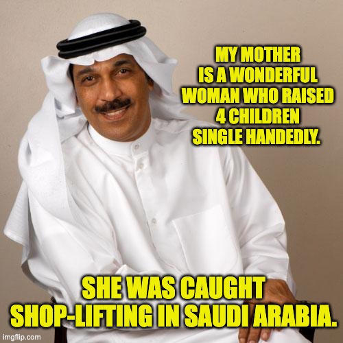 Single Handedly | MY MOTHER IS A WONDERFUL WOMAN WHO RAISED 4 CHILDREN SINGLE HANDEDLY. SHE WAS CAUGHT SHOP-LIFTING IN SAUDI ARABIA. | image tagged in arab | made w/ Imgflip meme maker