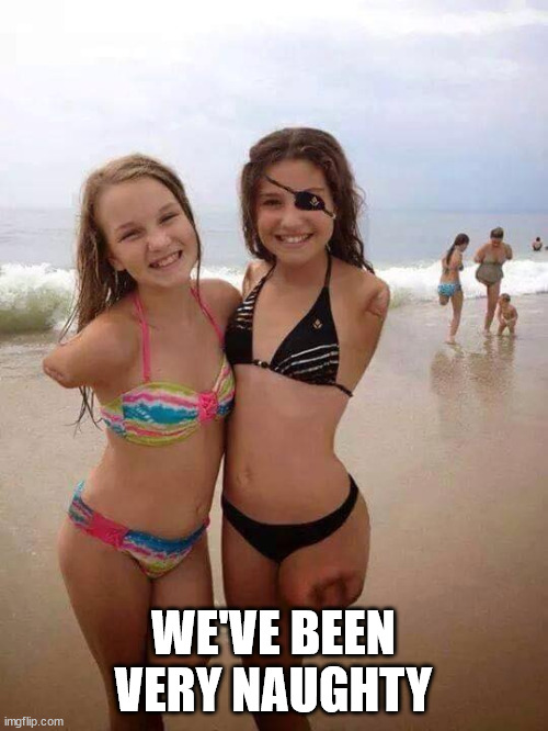 Memes, amputated girls, shark bite survivors | WE'VE BEEN VERY NAUGHTY | image tagged in memes amputated girls shark bite survivors | made w/ Imgflip meme maker