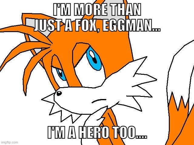 angry tails | I'M MORE THAN JUST A FOX, EGGMAN... I'M A HERO TOO.... | image tagged in angry tails | made w/ Imgflip meme maker