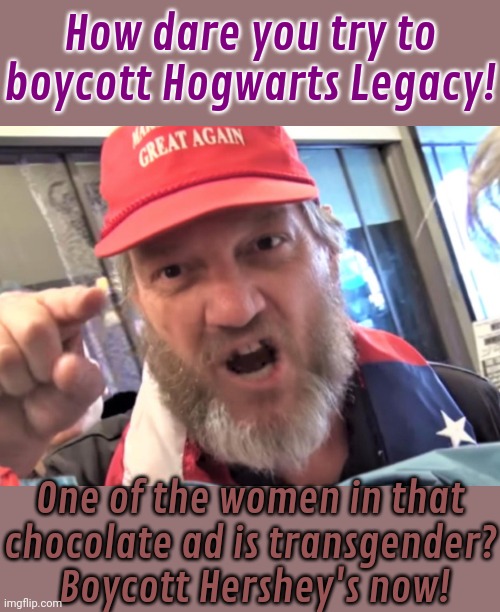 They never cared about the company's child labor violations. | How dare you try to boycott Hogwarts Legacy! One of the women in that
chocolate ad is transgender?  Boycott Hershey's now! | image tagged in angry trumper maga white supremacist,conservative hypocrisy,contradiction,transphobic | made w/ Imgflip meme maker