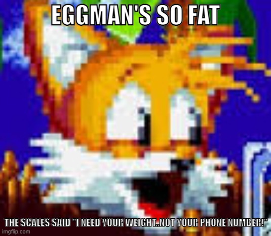 BUUUUUUURN | EGGMAN'S SO FAT; THE SCALES SAID "I NEED YOUR WEIGHT..NOT YOUR PHONE NUMBER!" | image tagged in tails pog | made w/ Imgflip meme maker