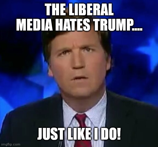 Hypoconservative | THE LIBERAL MEDIA HATES TRUMP.... JUST LIKE I DO! | image tagged in tucker carlson,conservative,republican,democrat,liberal,trump | made w/ Imgflip meme maker