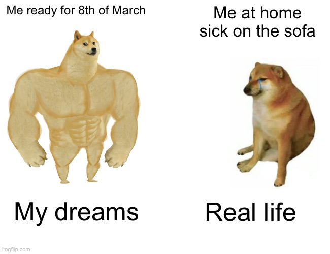 What happened on the 8th of March? | Me ready for 8th of March; Me at home sick on the sofa; My dreams; Real life | image tagged in memes,buff doge vs cheems | made w/ Imgflip meme maker