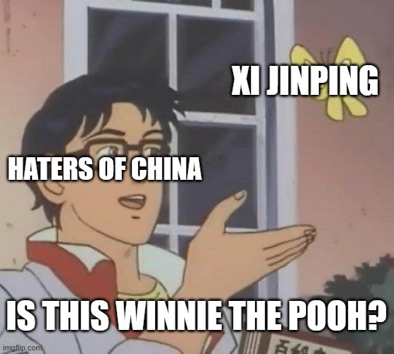 Is This A Pigeon | XI JINPING; HATERS OF CHINA; IS THIS WINNIE THE POOH? | image tagged in memes,is this a pigeon,xi jinping,winnie the pooh | made w/ Imgflip meme maker