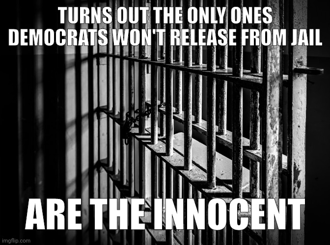 Everyone gets a get out of jail free card these days unless you're innocent. | TURNS OUT THE ONLY ONES DEMOCRATS WON'T RELEASE FROM JAIL; ARE THE INNOCENT | image tagged in behind bars | made w/ Imgflip meme maker