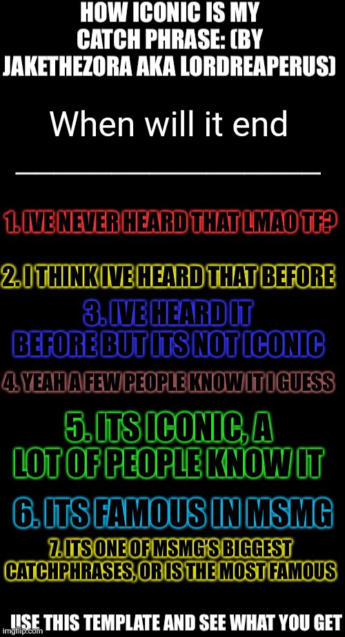How iconic is my catchphrase | When will it end | image tagged in how iconic is my catchphrase | made w/ Imgflip meme maker