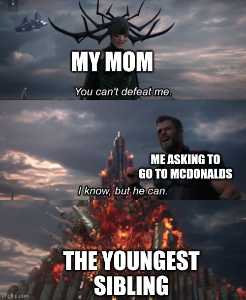 Me asking to go to Mcdonalds | MY MOM; ME ASKING TO GO TO MCDONALDS; THE YOUNGEST SIBLING | image tagged in you can't defeat me | made w/ Imgflip meme maker