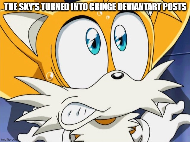 Scared tails | THE SKY'S TURNED INTO CRINGE DEVIANTART POSTS | image tagged in scared tails | made w/ Imgflip meme maker