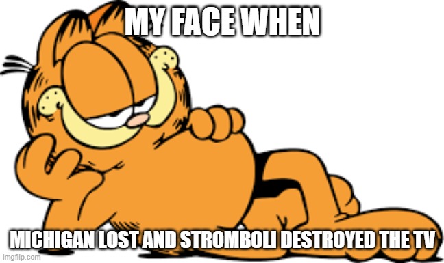 MY FACE WHEN; MICHIGAN LOST AND STROMBOLI DESTROYED THE TV | image tagged in garfield | made w/ Imgflip meme maker