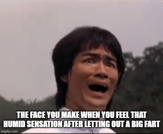 bruce fart juicy shit | THE FACE YOU MAKE WHEN YOU FEEL THAT HUMID SENSATION AFTER LETTING OUT A BIG FART | image tagged in bruce lee | made w/ Imgflip meme maker