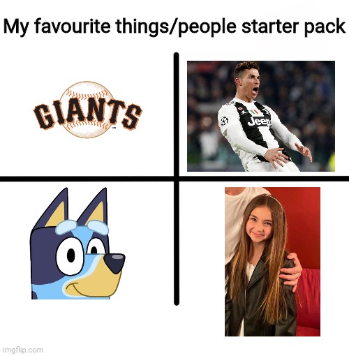 Blank Starter Pack | My favourite things/people starter pack | image tagged in memes,blank starter pack,forza valentina tronel,ronaldo,bluey,giants | made w/ Imgflip meme maker