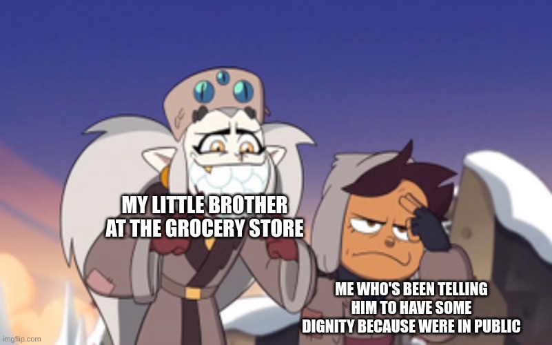Me and my brother at the grocery store | MY LITTLE BROTHER AT THE GROCERY STORE; ME WHO'S BEEN TELLING HIM TO HAVE SOME DIGNITY BECAUSE WERE IN PUBLIC | image tagged in eda embarrassing luz the owl house,the owl house,grocery store | made w/ Imgflip meme maker