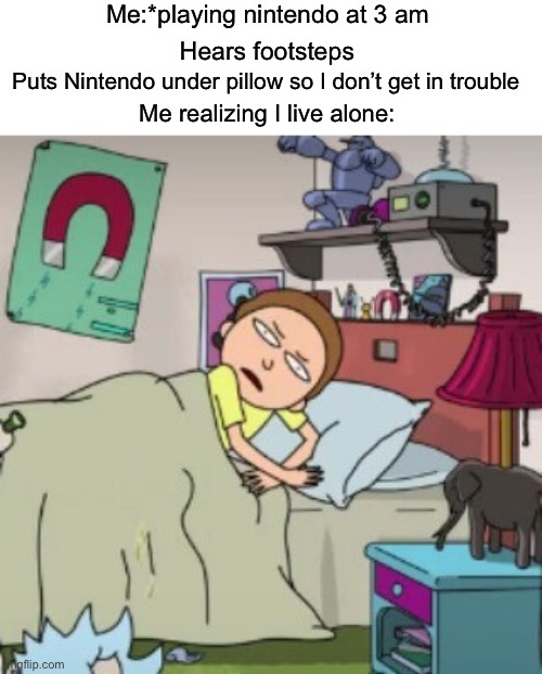 Das crazy | Me:*playing nintendo at 3 am; Hears footsteps; Puts Nintendo under pillow so I don’t get in trouble; Me realizing I live alone: | image tagged in morty bedtime realisation | made w/ Imgflip meme maker