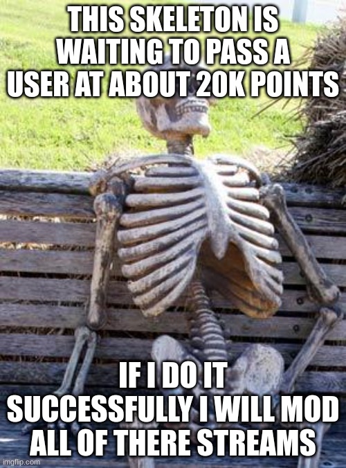 Please help me surpass this user! | THIS SKELETON IS WAITING TO PASS A USER AT ABOUT 20K POINTS; IF I DO IT SUCCESSFULLY I WILL MOD ALL OF THERE STREAMS | image tagged in memes,waiting skeleton,funny,bet | made w/ Imgflip meme maker