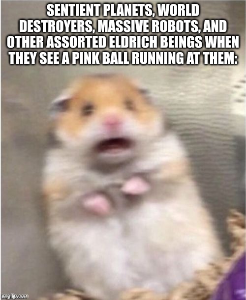 He isn't called The Pink Demon for nothing... |  SENTIENT PLANETS, WORLD DESTROYERS, MASSIVE ROBOTS, AND OTHER ASSORTED ELDRICH BEINGS WHEN THEY SEE A PINK BALL RUNNING AT THEM: | image tagged in scared hamster,memes,kirby,fear,oh wow are you actually reading these tags | made w/ Imgflip meme maker