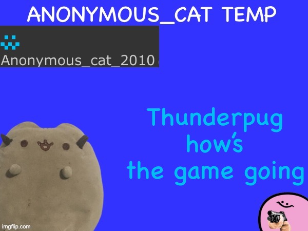 Anonymous_Cat Temp | Thunderpug how’s the game going | image tagged in anonymous_cat temp | made w/ Imgflip meme maker